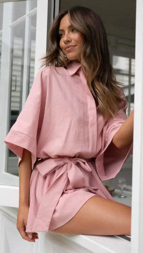 Women's Jumpsuit Spring/summer New Style With Collar Mid Sleeves Waist Strap Fashionable Loose Short Style Solid Color Jumpsuit - AIAZ