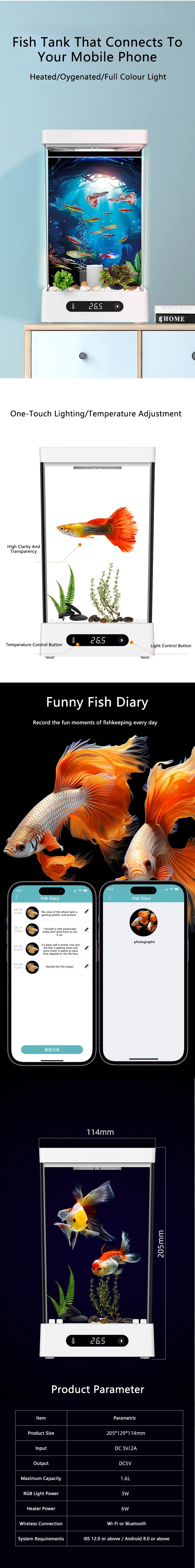 Betta Fish Tank Multifunctional Intelligent Fish Tank Temperature Control Digital Display Aquarium with RGB Ecological Light