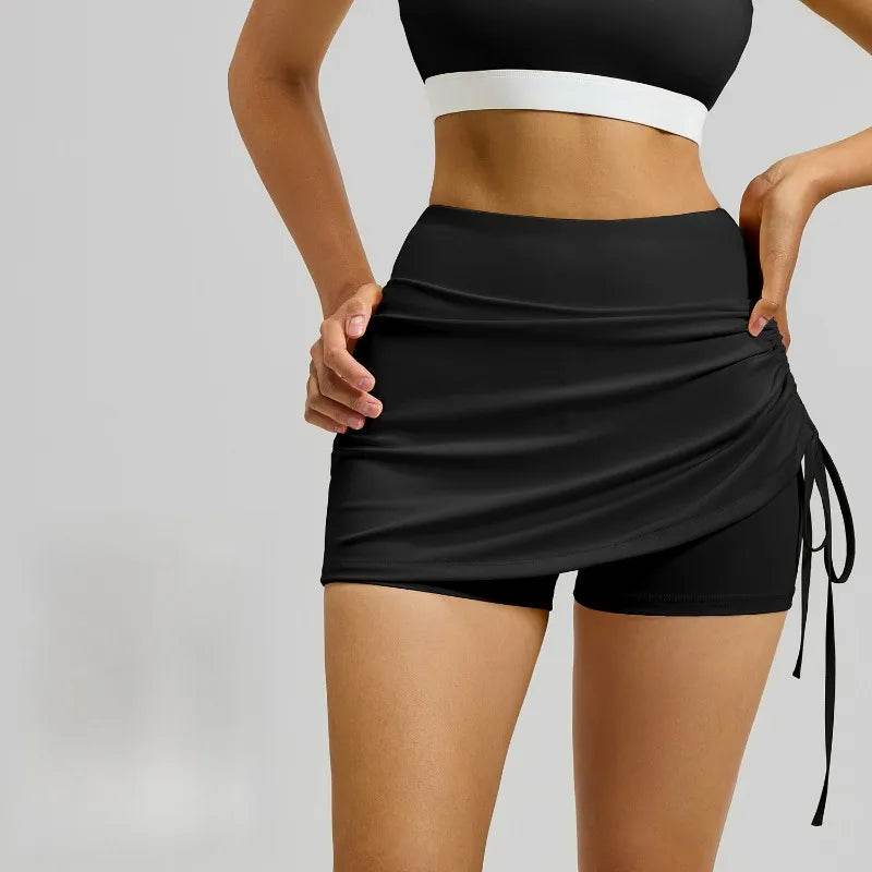 Shirring Sports Skirts with Safety Trousers for Women High Elastic Fashion Casual Fitness Skirts Fake Two Pieces Yoga Skirts - AIAZ