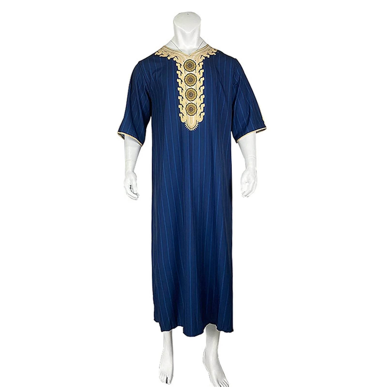 Muslim Men'S Clothing Hand-Embroidered Loose Breathable Summer Fashion Loose Robe Dubai Luxury V-Neck Short Sleeve Printing - AIAZ