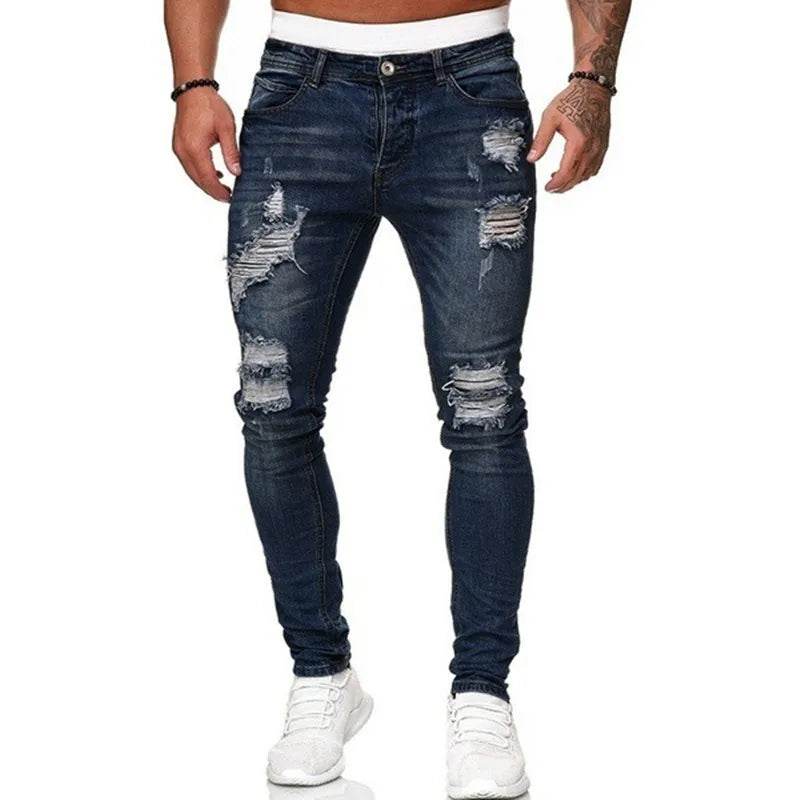 Fashion Street Style Ripped Skinny Jeans Men Vintage wash Solid Denim Trouser Mens Casual Slim fit pencil denim Pants hot sale - AIAZ