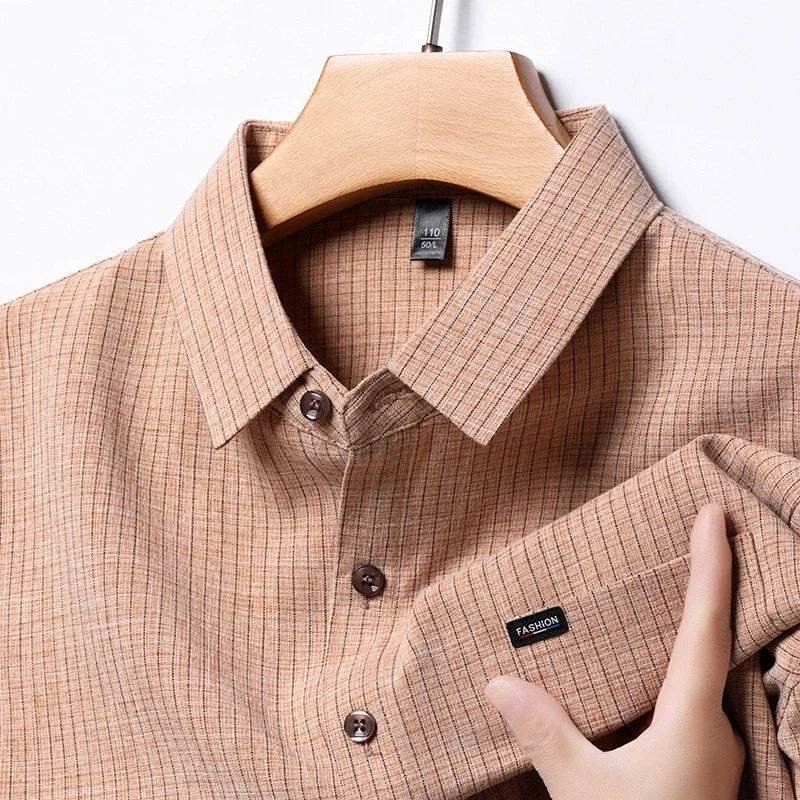 2025 Men's Business Casual Plaid Linen Short Sleeved Shirt Comfortable Top - AIAZ