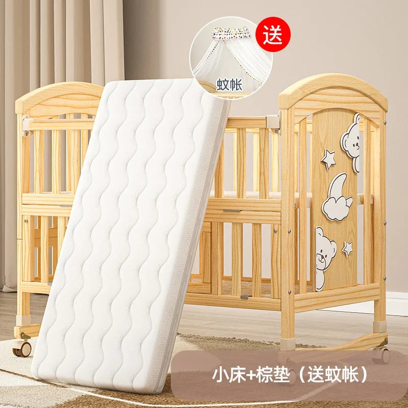 Crib Solid wood newborn baby cradle Multifunctional paint-free movable children's splicing bed air mattress 103 cm long