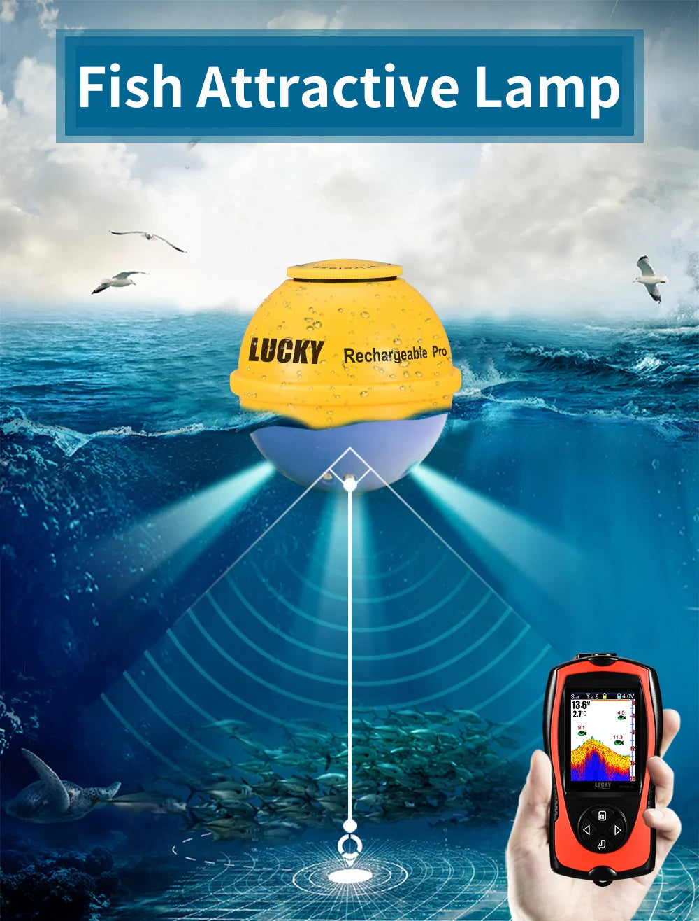 Lucky Sonar Fish Finder FF1108-1CWLA Rechargeable Wireless Sensor 45M Water Depth Echo Sounder Fishing Portable Fish Finder