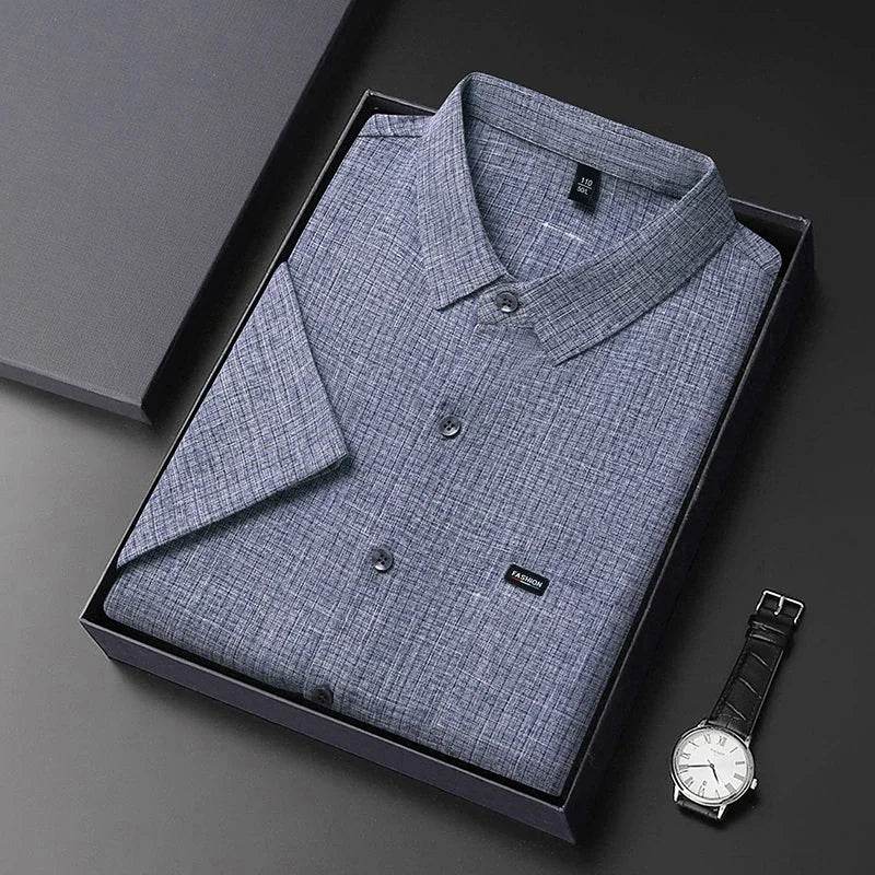 2025 Men's Business Casual Plaid Linen Short Sleeved Shirt Comfortable Top - AIAZ