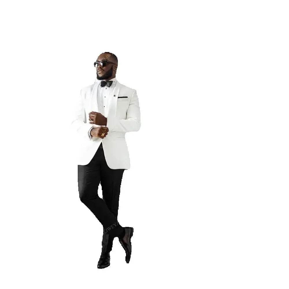 Formal Suits for Men's Wedding Shawl Lapel 2 Pieces White Jacket Black Pants Male Clothing Banquet Business Costume Homme - AIAZ