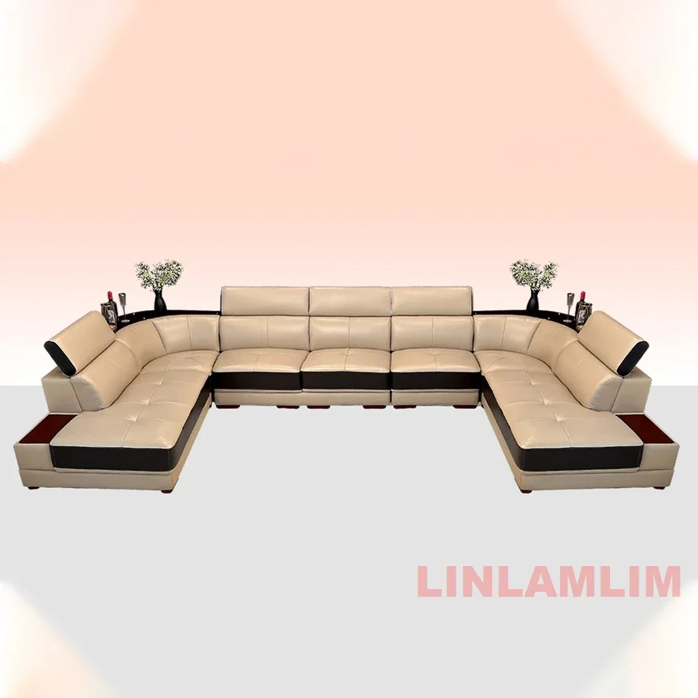 MINGDIBAO Modern Minimalist Genuine Leather Sectional Sofa with Console, Storage and Speaker Italian Leather Living Room Couch