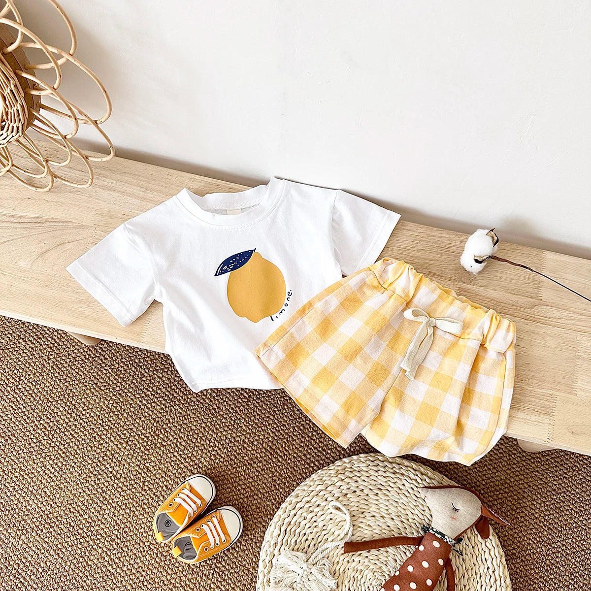 2PCS Summer Baby Boys Girls Clothes Set Lemon Print T-shirt+Checkered Shorts Beach Infant Toddler Outfit Suit 0-3Y