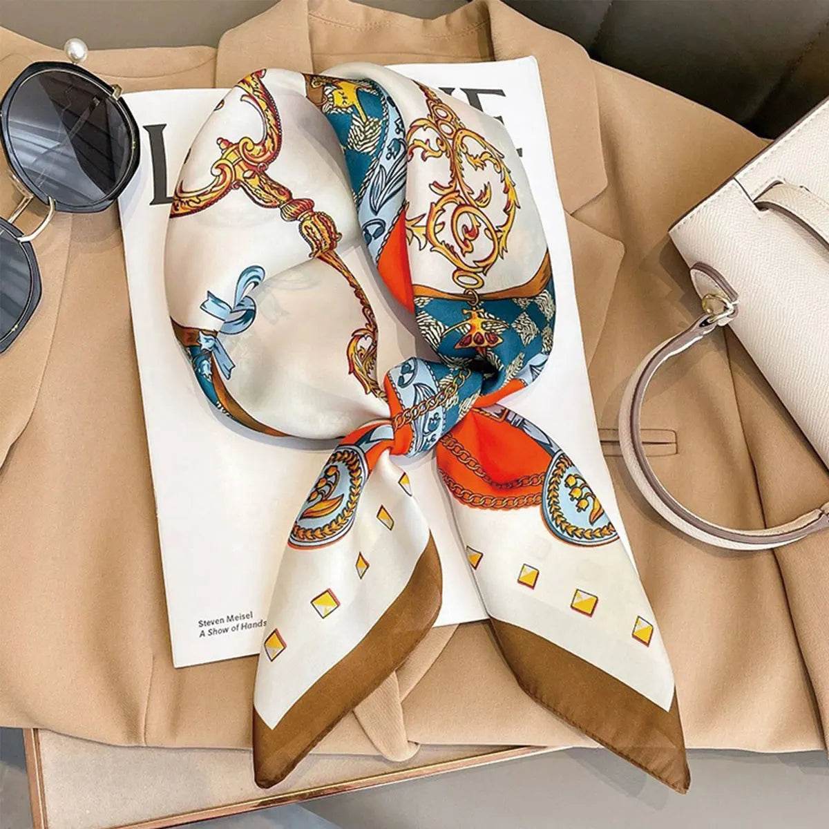 70x70cm Fashionable Korean Style Silk Square Scarf Satin Print Hairband Necktie Hair Accessory Headscarf Versatile Wrap Scarf - AIAZ