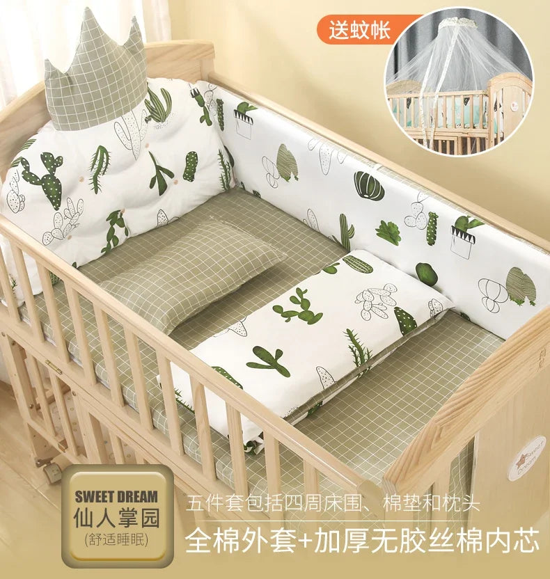 Baby Crib Multifunctional BB Baby Crib Solid Wood Unpainted Cradle Bed Movable Newborn Children Splicing Large Bed