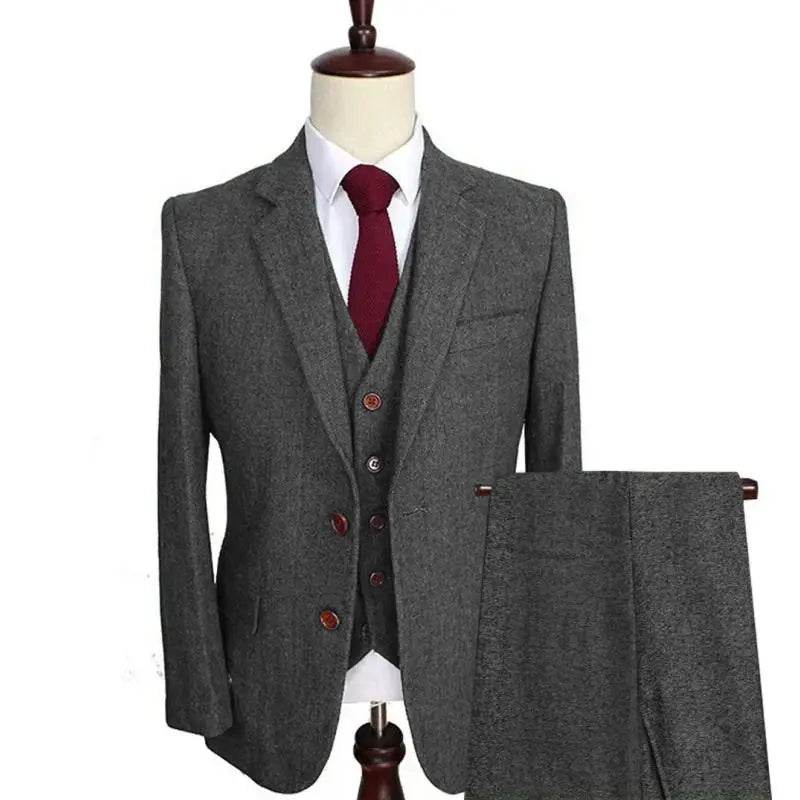 Men Suit 3 Pieces Army Green Tweed Formal Lapel Notch Regular Wedding Groom Banquet Work Tuxedos Set Jacket Vest With Pants - AIAZ