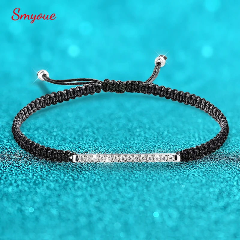Smyoue 2/3mm Braided-rope Full Moissanite Bracelets for Women Men Adjustable Jewelry 100% 925 Sterling Silver Plated 18k Chain