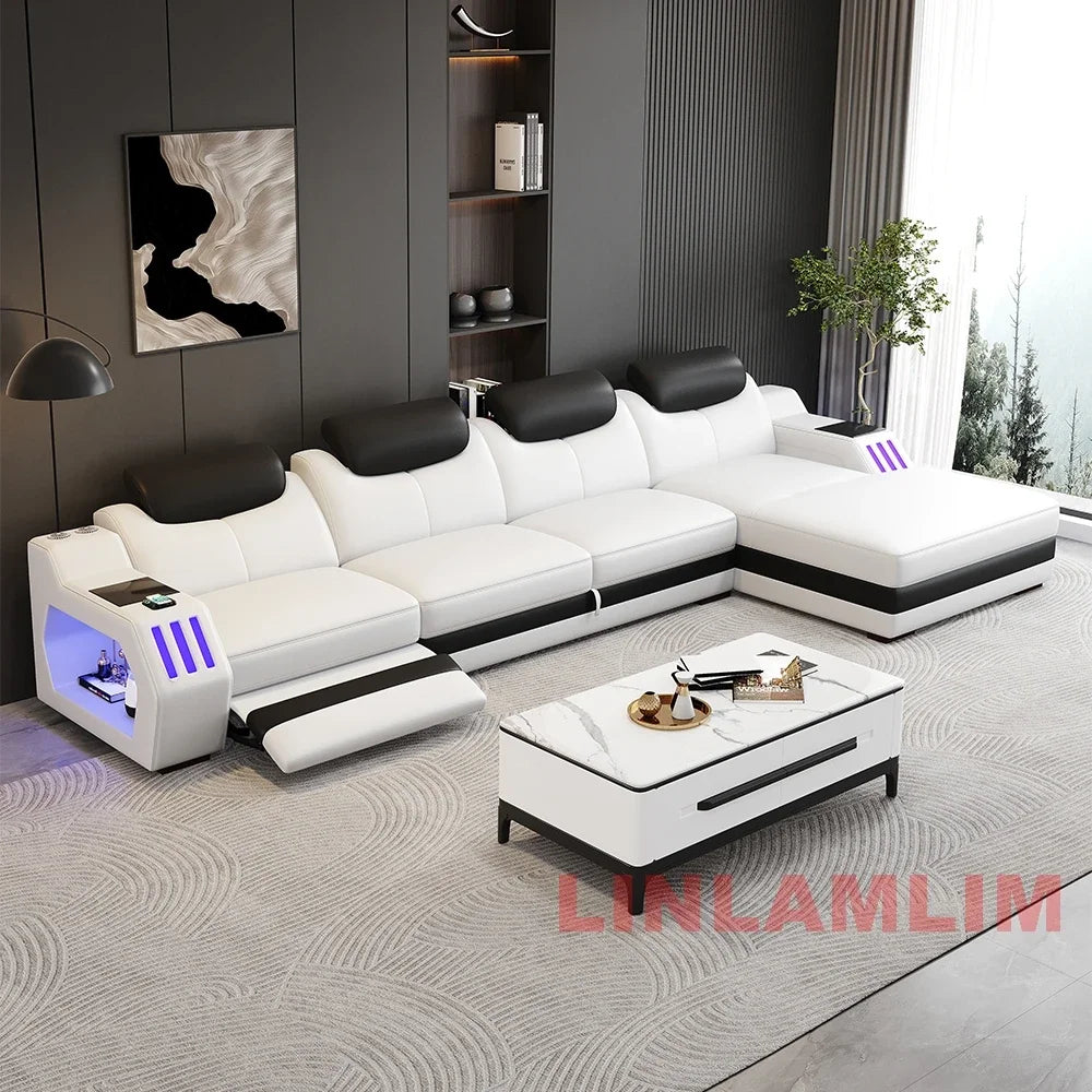 Modern L-Shaped Sectional Sofa Bed with Adjustable Headrests & LED Lights, Genuine Leather Recliner Couch with Storage & USB