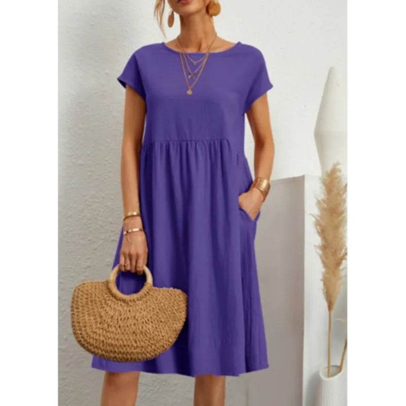 Women's Dresses 2025 Summer Fashion Casual Dresses Women Loose Mid Length Over Knee Dress New Short Sleeve Solid Dress Woman - AIAZ