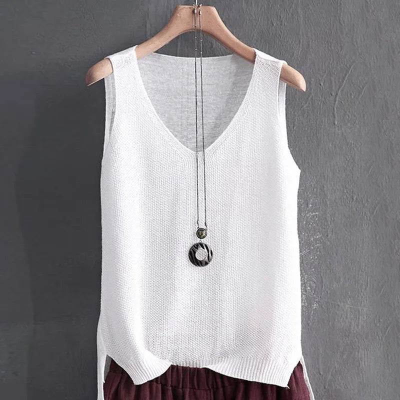 Blusas Mujer De Moda 2024 Blouse Women Summer Sleeveless Knitted Blouse Shirt Women Clothes V-neck Blouse Women Tops Shirts C855 - AIAZ