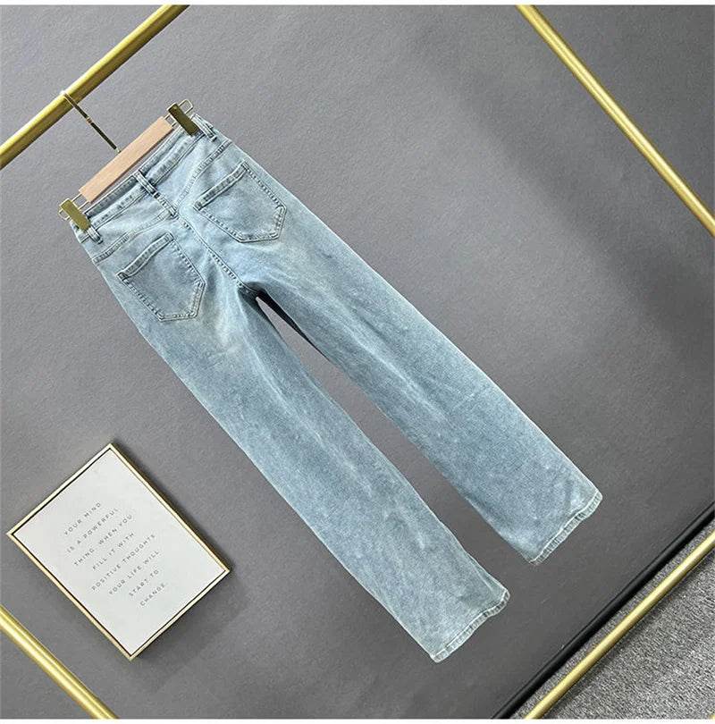 Denim Pants Fashion Beaded Jeans Wide-Leg Pants Female Tide 2025 New Spring And Summer High Waist Loose Mop Pants - AIAZ