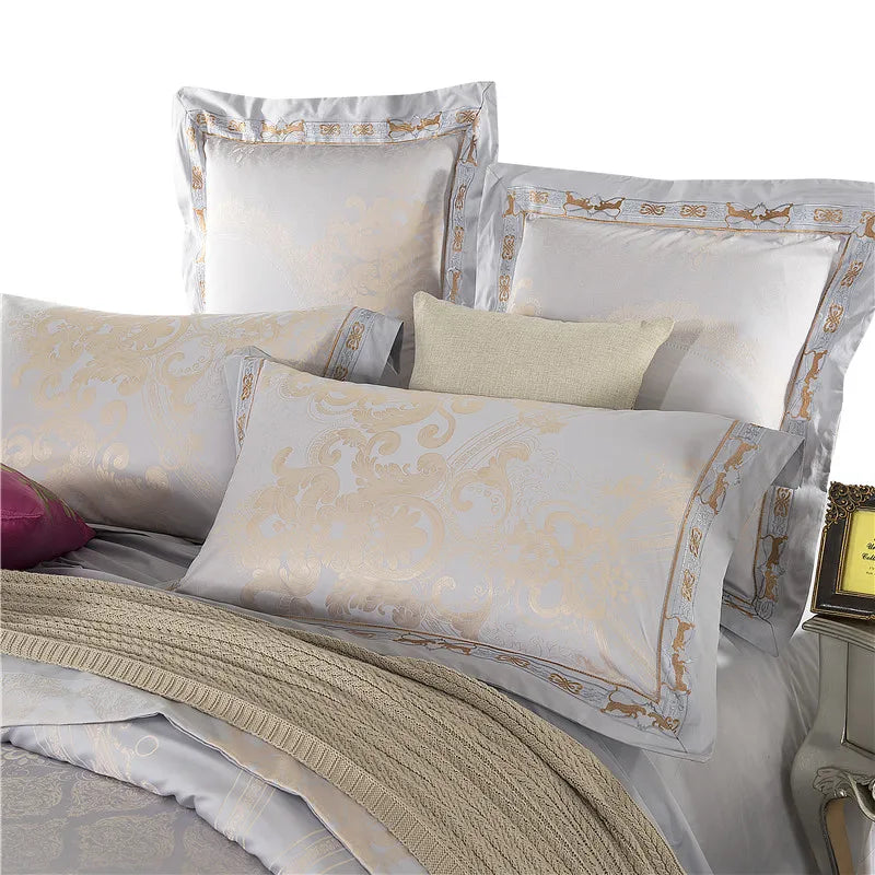 Sliver Gold Luxury Silk Satin Jacquard duvet cover bedding set queen king size Embroidery bed set bed sheet/Fitted sheet set