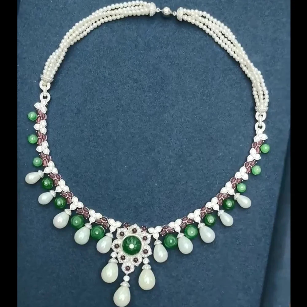 Dubai Fashion White Pearl Sythetic Green Chalcedony Tassel Beads Chain Necklaces Earrings Luxury Designer Jewelry for Women