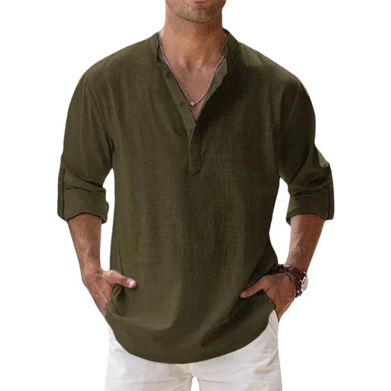 New Cotton Linen Shirts for Men Casual Shirts Lightweight Long Sleeve Henley Beach Shirts Hawaiian T Shirts for Men - AIAZ