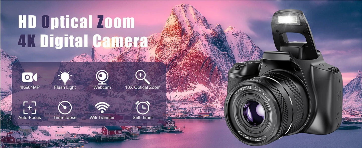 10X Optical Zoom Camera 64MP Digital DSLR Camera for Photography 4K HD Youtube Video Vlog Camcorder Auto Focus Webcam SLR Camera