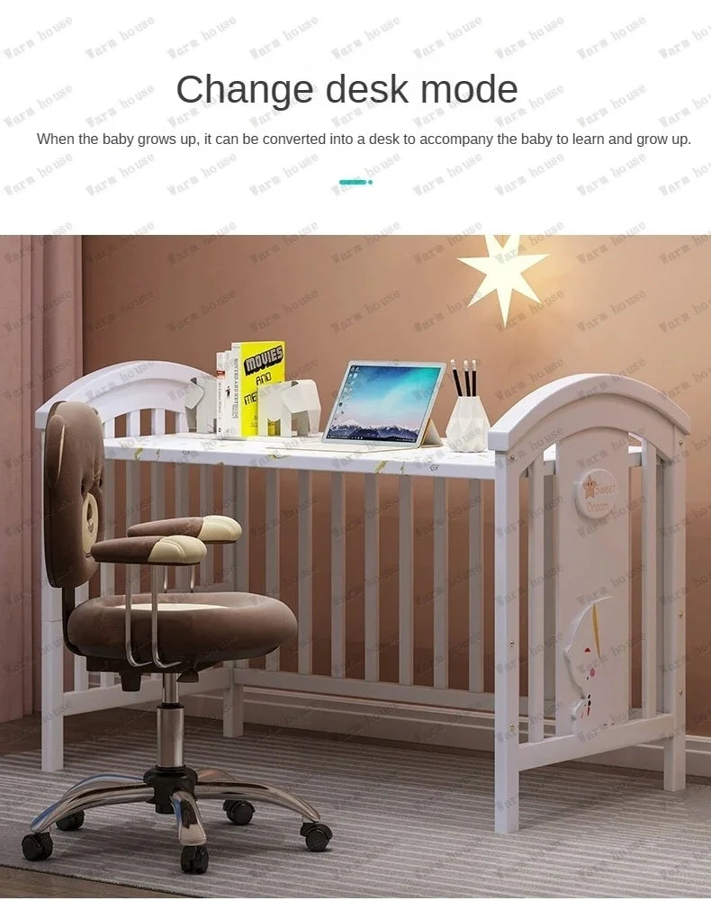 Solid wood spliced crib Multifunctional European style children's bed Movable newborn cradle large bed Baby Rest Chair