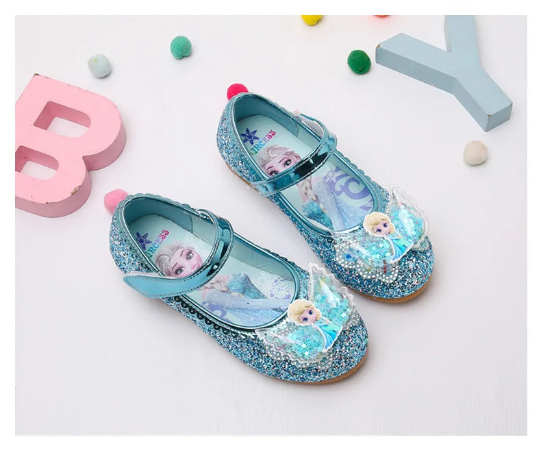 Disney Elsa Frozen Girls Princess Shoes Spring and Autumn Flat Paillette Shoes Children's Soft Sole Baby Casual Shoe Party Shoes