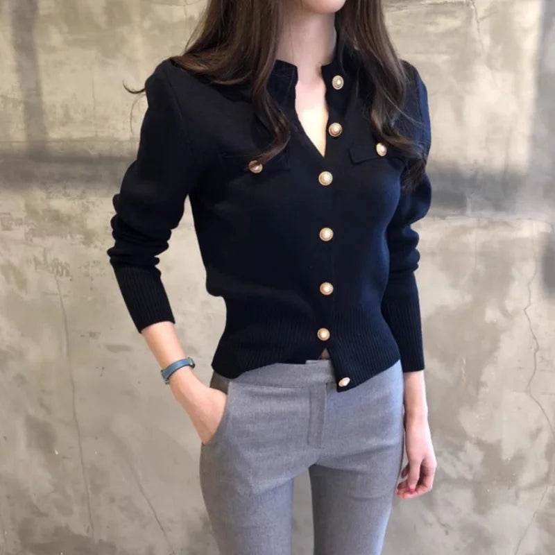 Women's Cardigan Sweater Decorative Pocket Button Solid Color Knitted Single-Breasted Jacket Women's Clothing - AIAZ