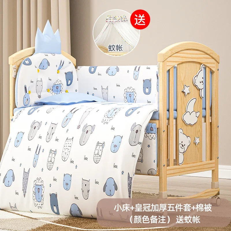 Crib Solid wood newborn baby cradle Multifunctional paint-free movable children's splicing bed air mattress 103 cm long