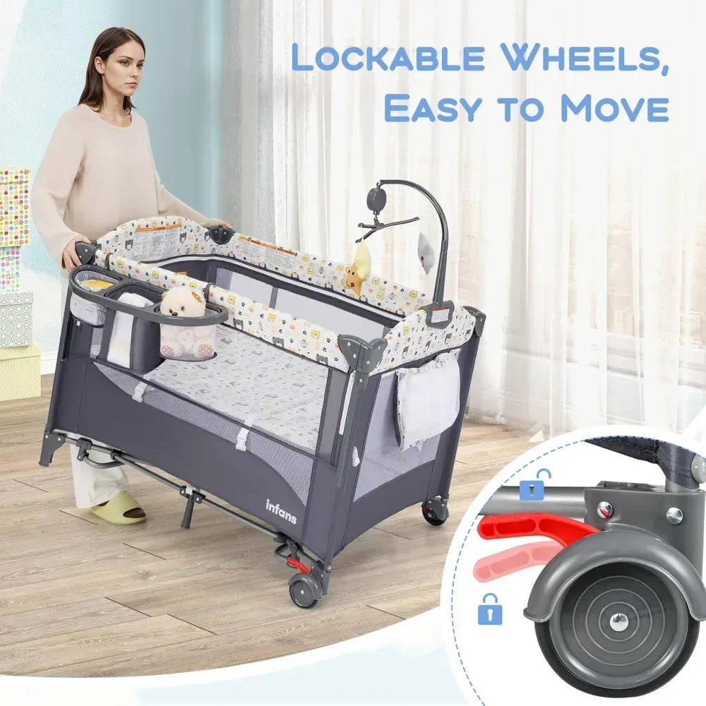 Multifunctional Baby Crib - Convertible Foldable Bed with Detachable Changing Table, Portable Co-Sleeper for Infants