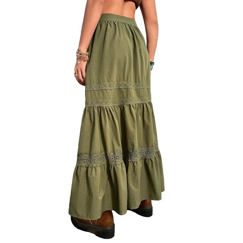 Skirts For Woman Green Pleated Skirts Korean Fashion Holiday Boho Waist Long Skirts Retro Y2K Fairycore Cute Lace Trim Clothes - AIAZ