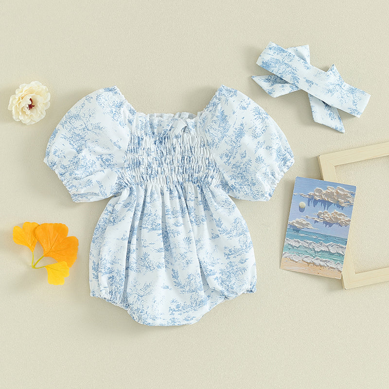 Citgeett Summer Infant Baby Girls Bodysuit Floral Print Puff Sleeve Clothes Jumpsuits Headband Blue Suit