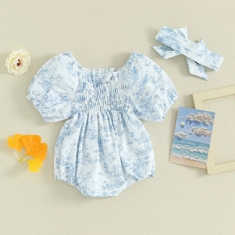 Citgeett Summer Infant Baby Girls Bodysuit Floral Print Puff Sleeve Clothes Jumpsuits Headband Blue Suit