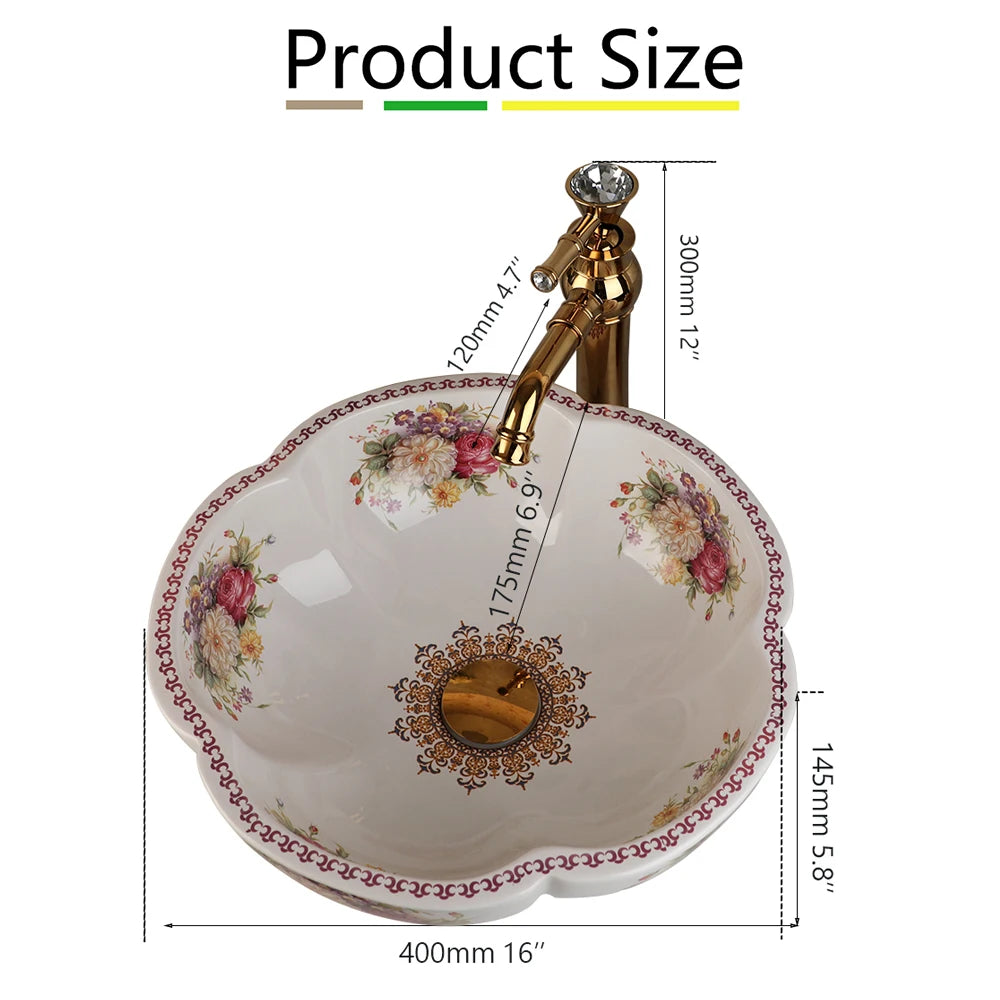 ZAPPO Above Counter Ceramic Vessel Sink For Bathroom Round Petal Shaped Flower & Bird Pattern Wash Basin Bowl Sinks With Faucet