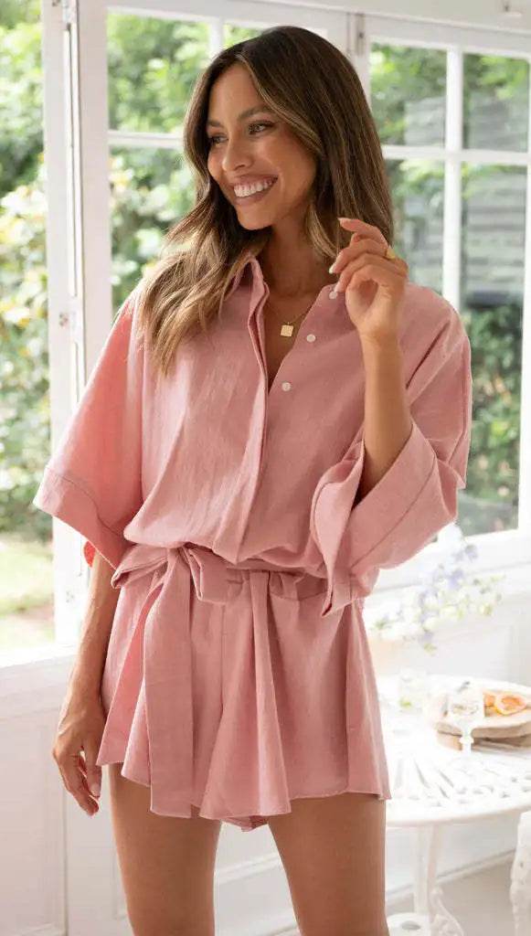 Women's Jumpsuit Spring/summer New Style With Collar Mid Sleeves Waist Strap Fashionable Loose Short Style Solid Color Jumpsuit - AIAZ