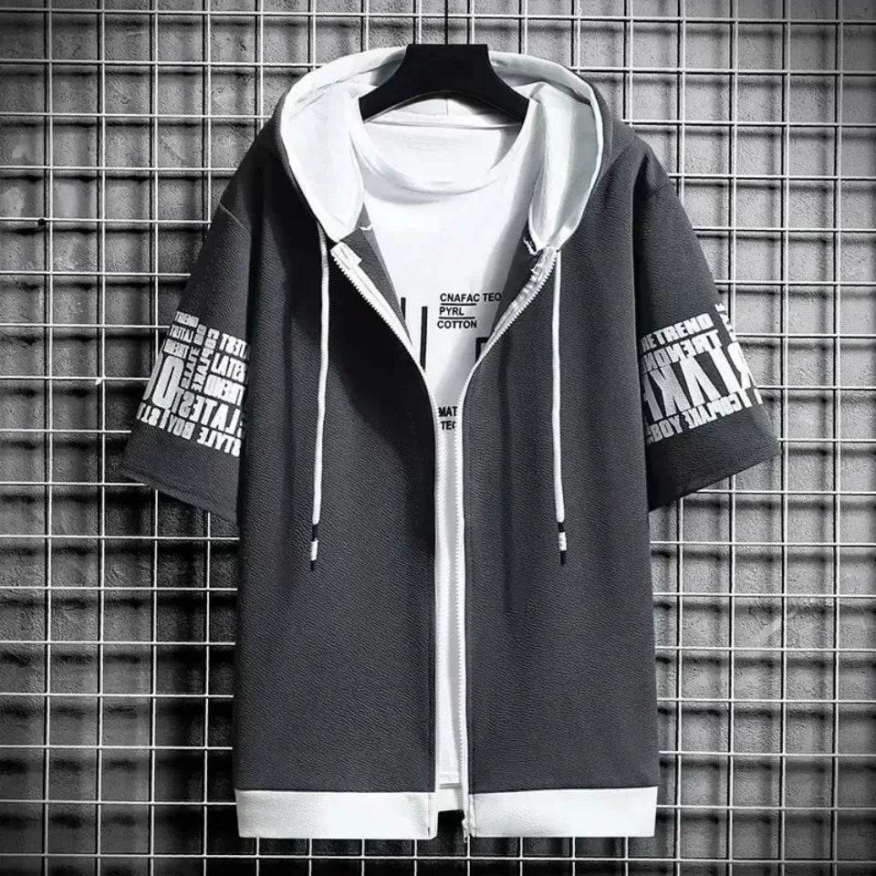 Fashion Men's Hoodies Summer Men Clothing T-shirt Zipper Hood Cartoon Casual T Shirt Print Hooded Top Short Sleeve Men - AIAZ
