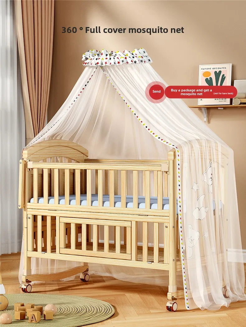 Crib Solid wood newborn baby cradle Multifunctional paint-free movable children's splicing bed air mattress 103 cm long