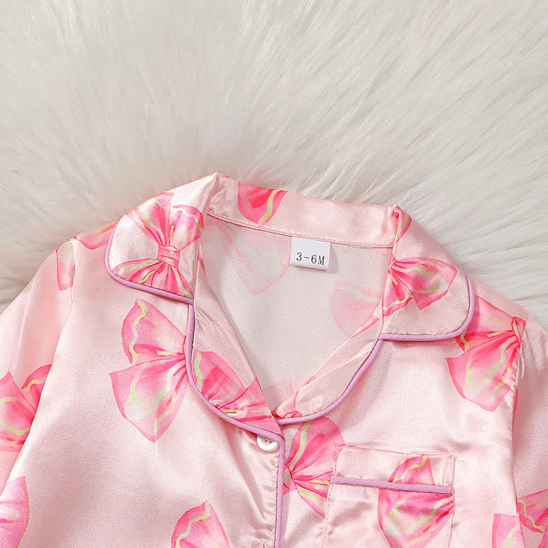 MISOWMNJOY Satin Baby Girls Pajamas Spring Long Sleeve Bow Print Furry Patchwork Button Closure Jumpsuit Sleepwear Loungewear
