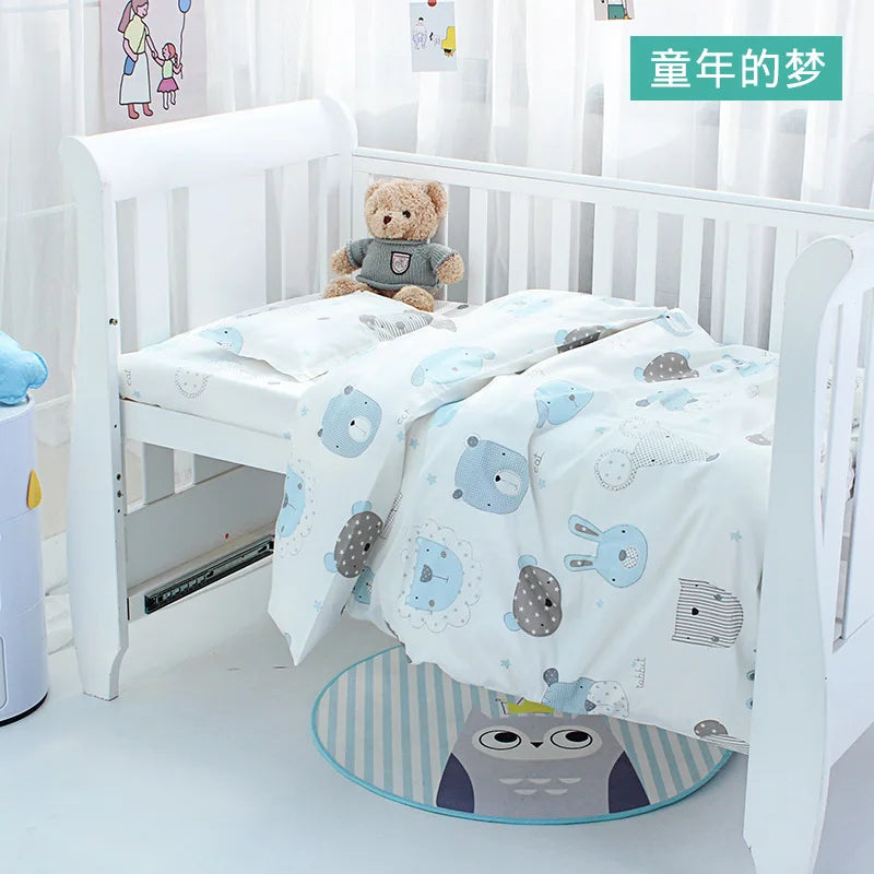 3Pcs Set Newborn Baby Cot Sheet Duvet Cover Case Pillowcase Cotton Cartoon Print Crib Flat Bed Sheet Infant Toddlers Beddings