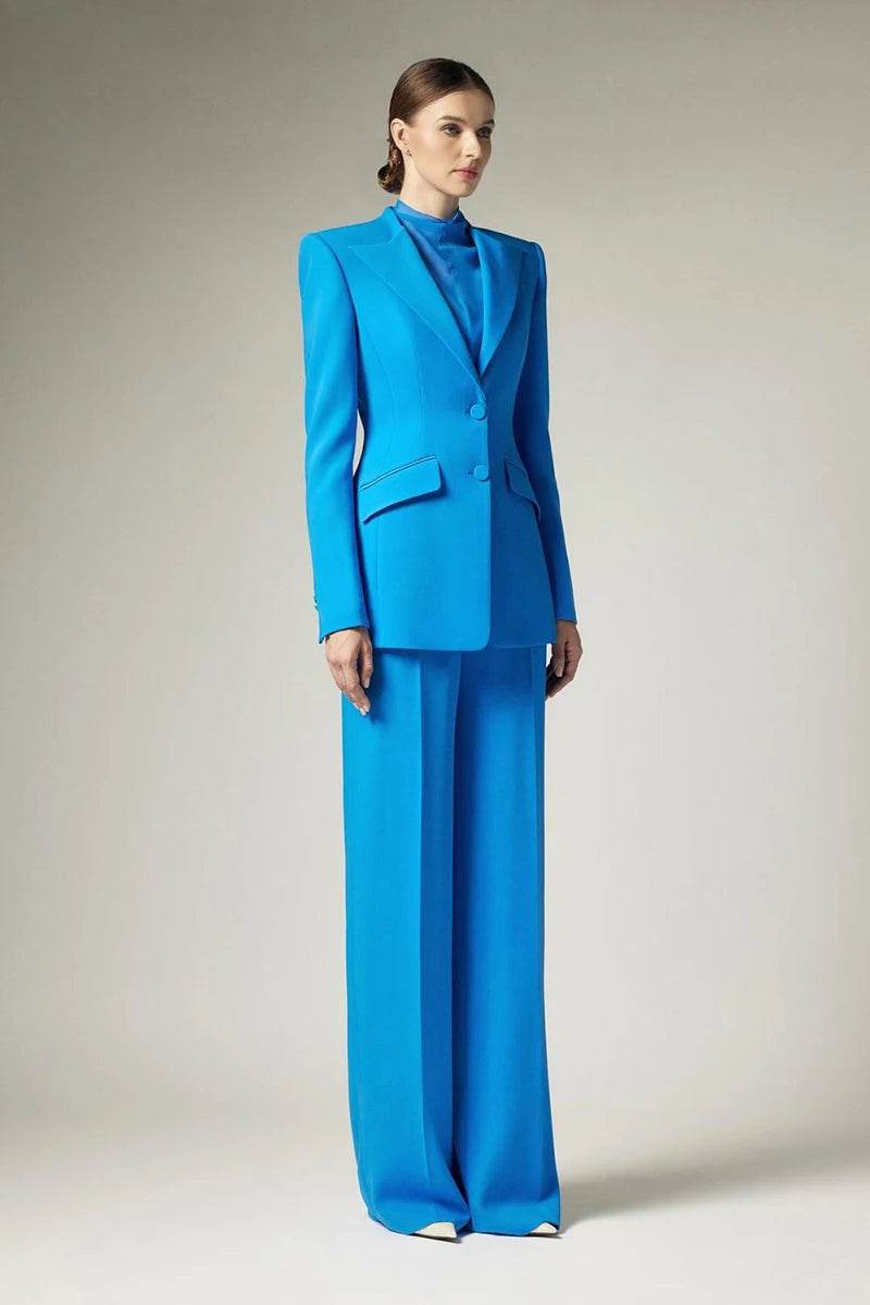 Business Women Suit Set 2 Piece Blazer Jacket Solid Color Wide Leg Pants Fashion Blue Pantsuits Coat+Trousers Customize - AIAZ