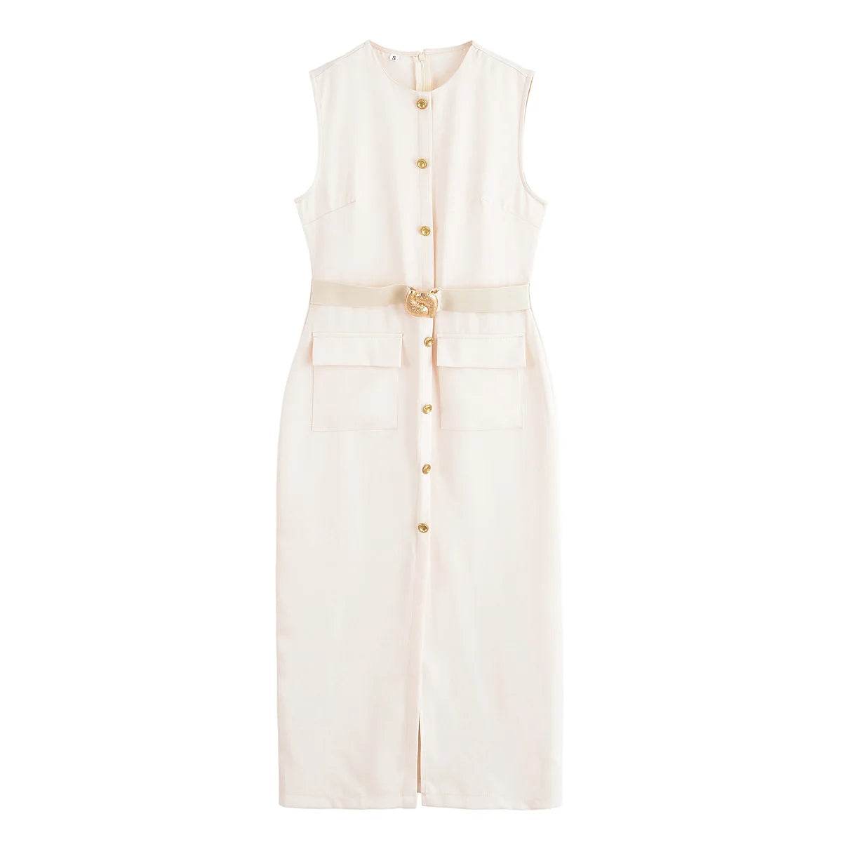 MUJER 2025 Womens Dresses Black Office Long Dresses for Women Spring Sleeveless Midi Dress Woman Belt Button Women's Dress Vest - AIAZ