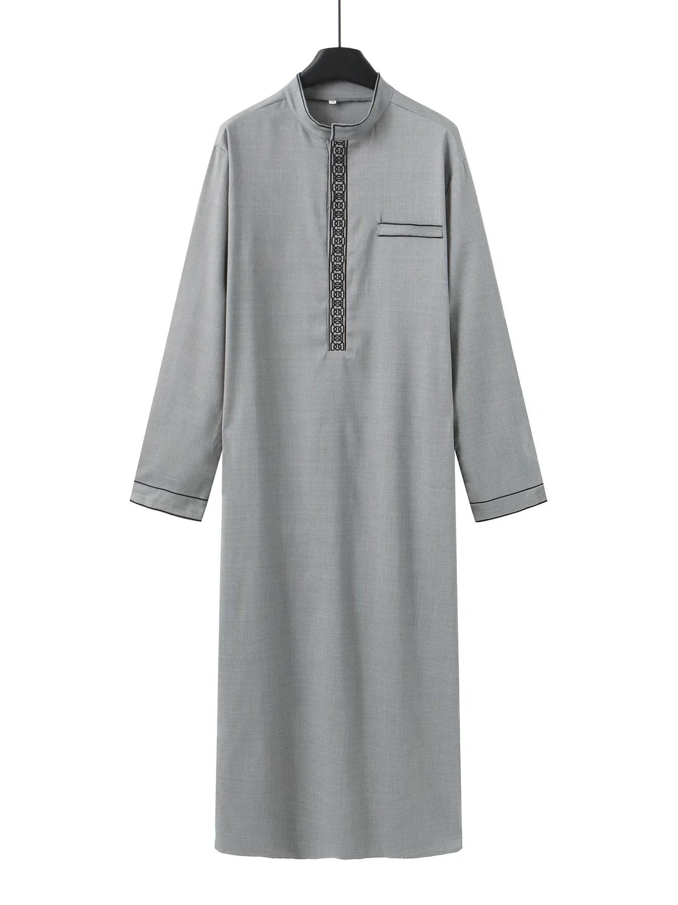 Muslim men's robe long-sleeved ethnic style embroidered stand collar Arabic clothing men's Islamic casual robe - AIAZ