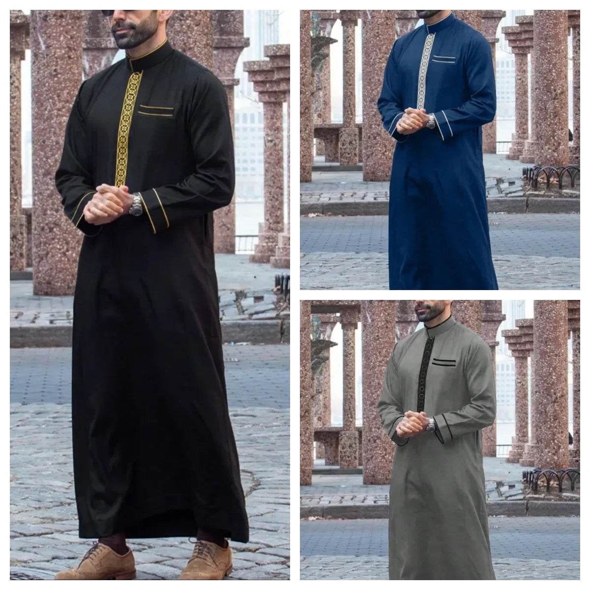 Muslim men's robe long-sleeved ethnic style embroidered stand collar Arabic clothing men's Islamic casual robe - AIAZ