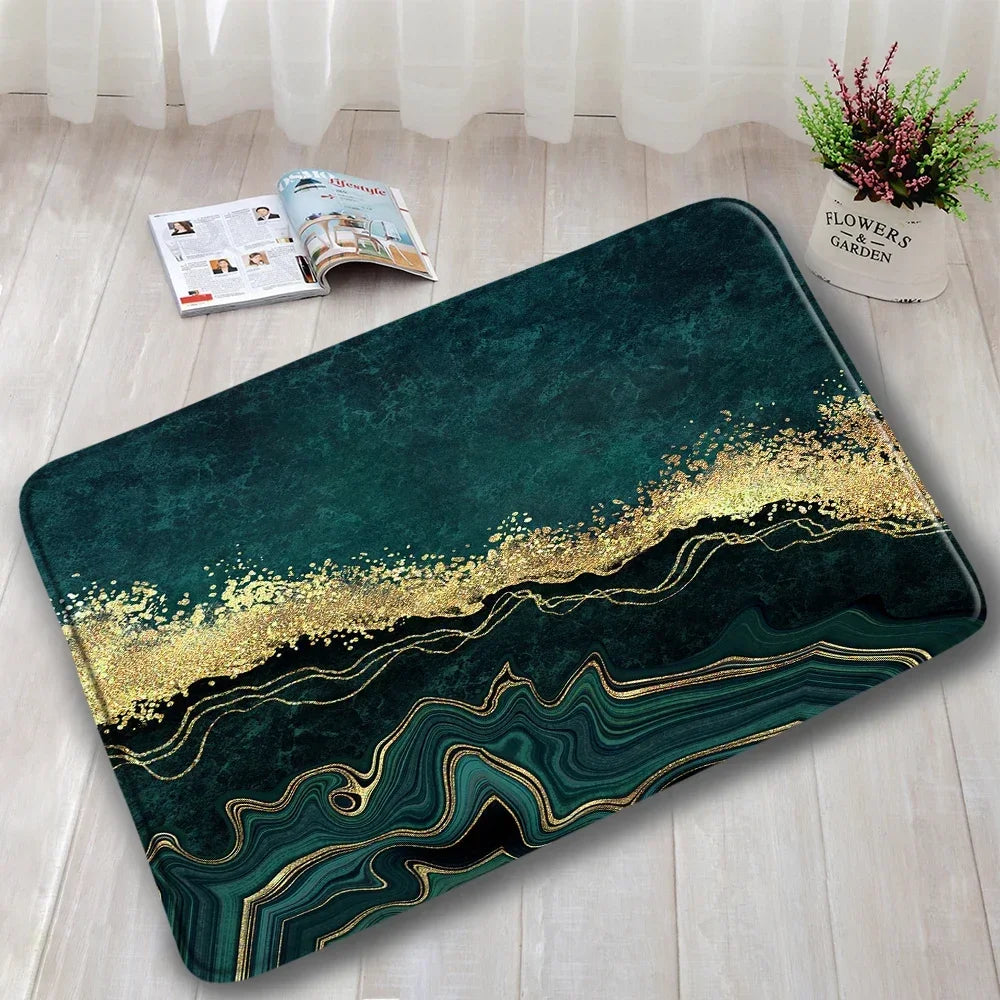 Abstract Marble Bath Mat Sets Modern Geometric Gold Lines Blue Texture Pattern Bathroom Decor Carpet Non-Slip Rugs Toilet Cover