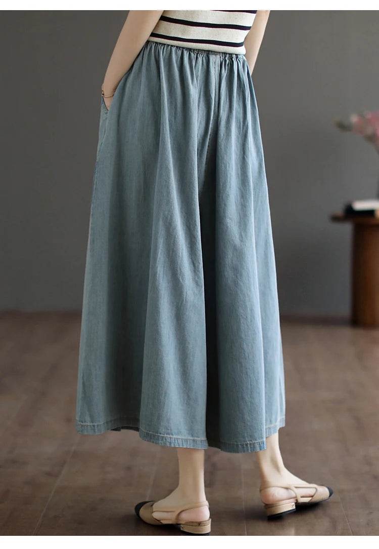 8215 Summer Trendy Wide Leg Jeans Skirts For Women New Design Straight Loose Casual Solid Color Elastic High Waist Denim Pants - AIAZ