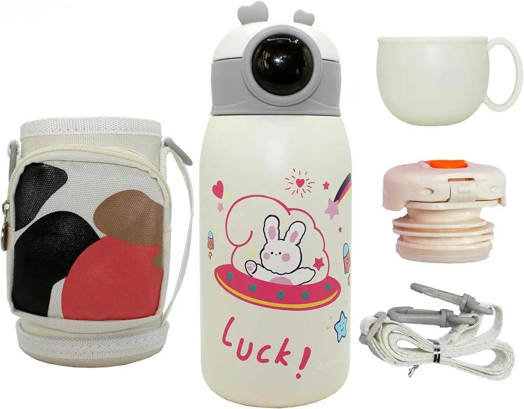 Kids Titanium Insulated Water Bottle, 2 Lids, 19 oz, Leak Proof, Crossbody Mug, Straw - AIAZ
