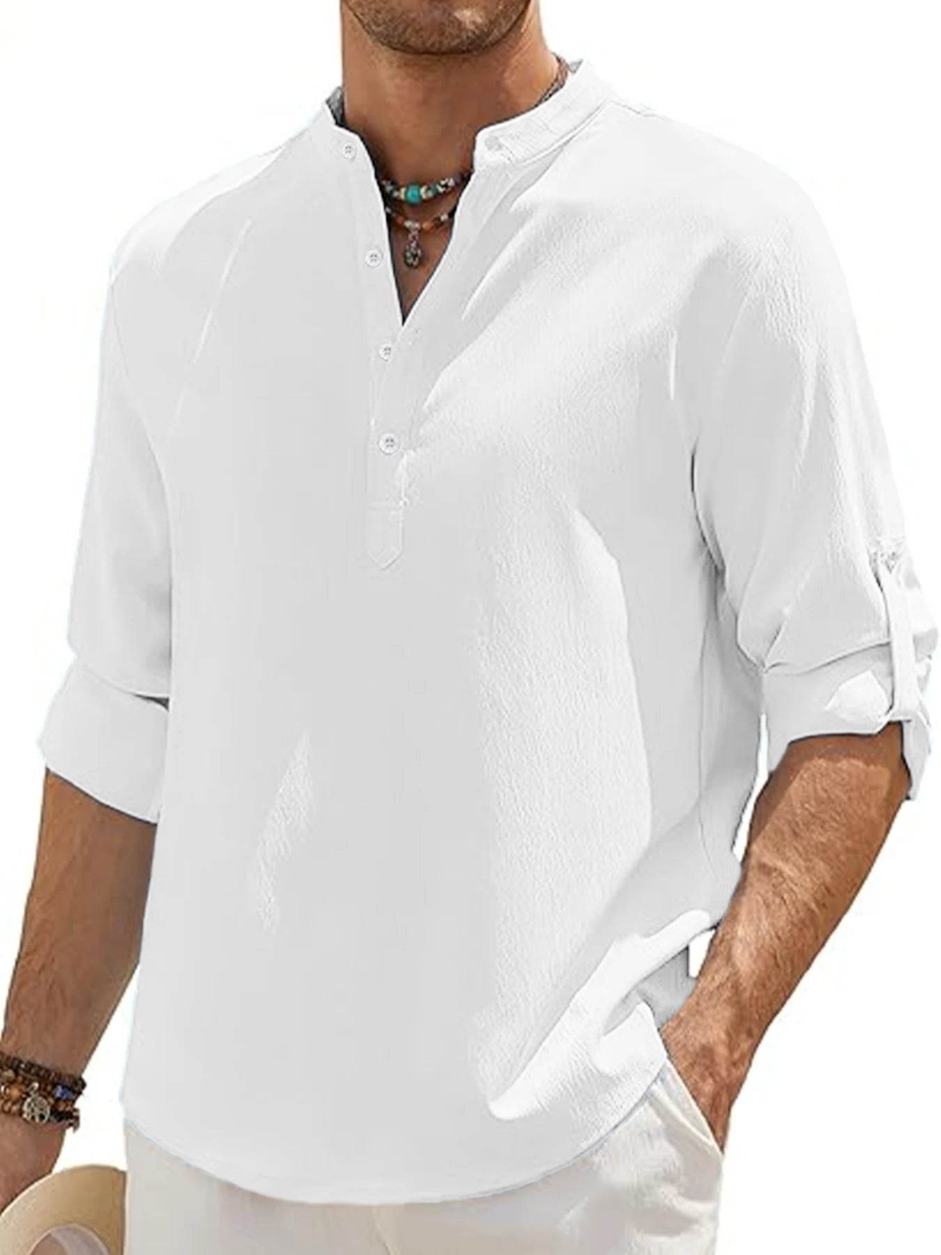 Men's Linen Shirt Summer 2025 Casual Short Sleeve Breathable Stand Collar Loose Fit Trendy Solid Color Youth Top with Pocket - AIAZ