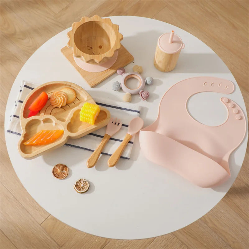 7pcs Silicone Baby Feeding Set Baby Feeding Supplies Kids Bamboo Dinnerware With Cup Children's Dishes Bowl Stuff Tableware Gift