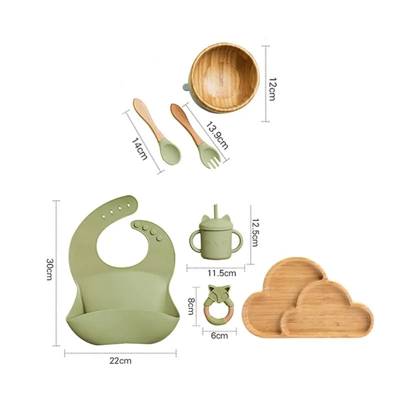 Wooden Dinner Plate Feeding Supplies Bamboo Baby Tableware Silicone Suction Plate Bowl BPA Free Baby Stuff Newborn Accessories
