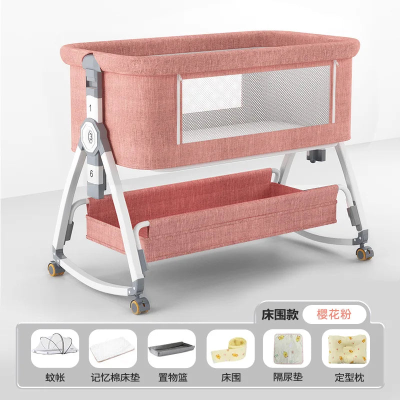 Crib Movable Multi-Function Folding Height Adjustment Splicing Queen Bed Baby Bassinet Newborn Baby Bed Anti-Overflow
