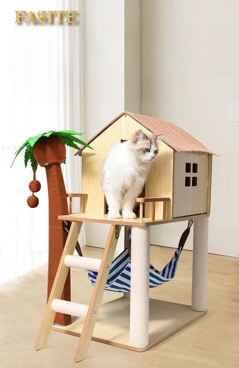 Luxury Cat House Two-Storey Villa Pet Cat Beds Hammock Coconut Tree House Wooden Pet Condos With Stairway Cat Scratching Posts